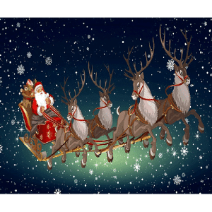 Flyvende julemand med kane og rensdyr